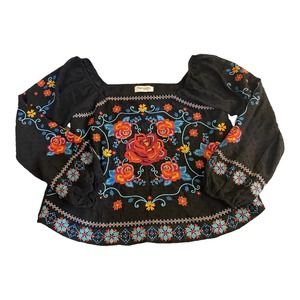 Impressions Brand Boutique Boho Style Blouse Black Embroidered Large NWT